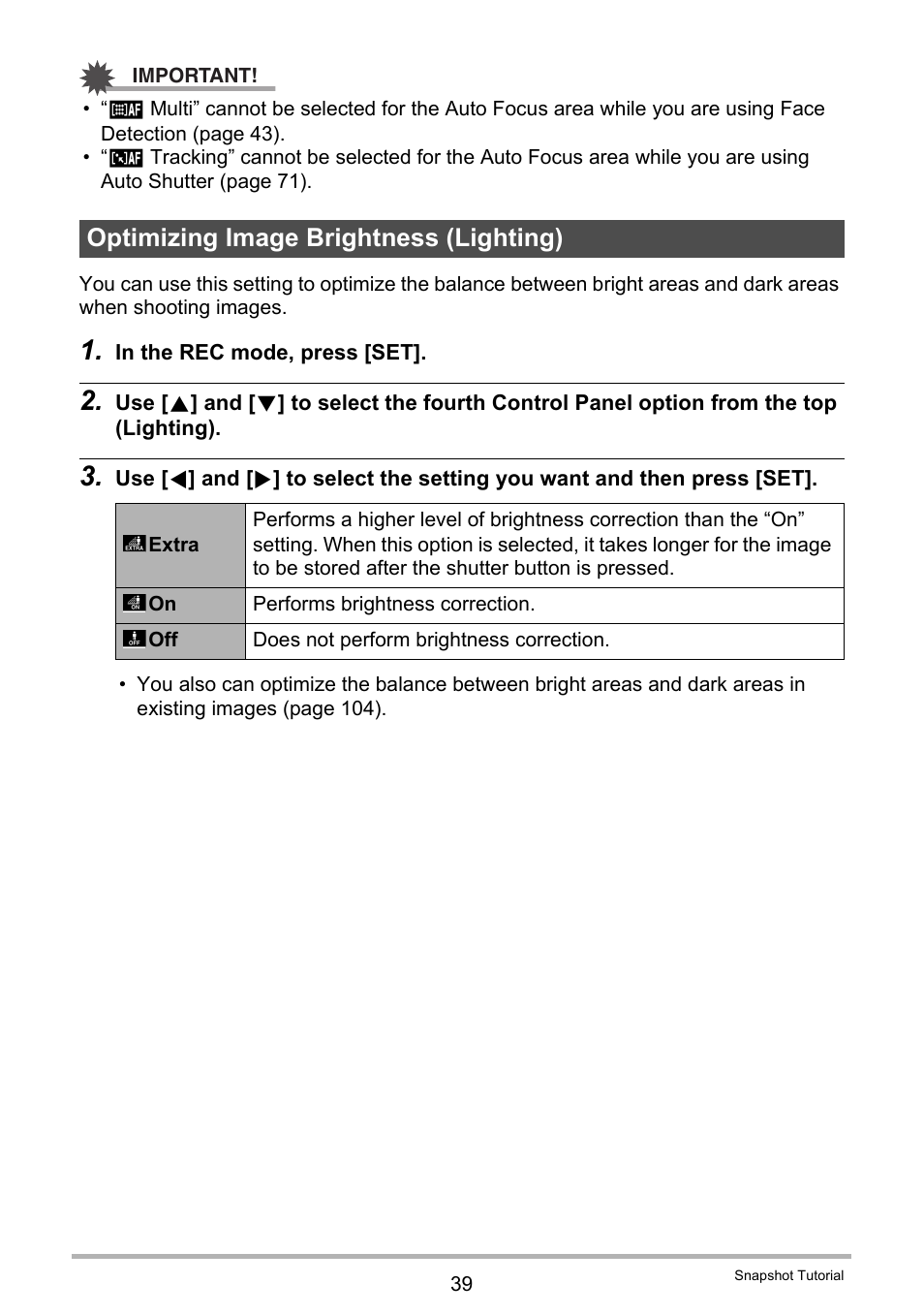 Optimizing image brightness (lighting) | Casio EXILIM EX S 12 User Manual | Page 39 / 216