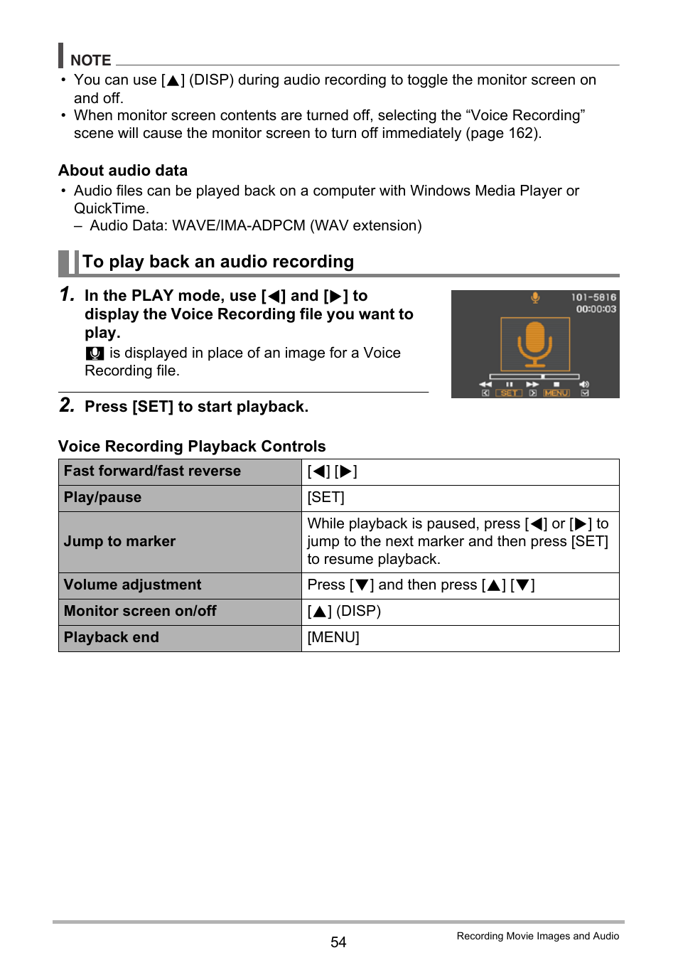 To play back an audio recording | Casio EXILIM EX S 12 User Manual | Page 54 / 216