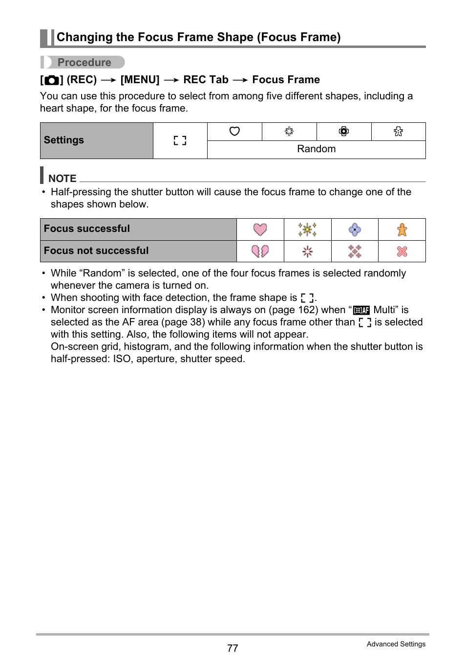 Changing the focus frame shape (focus frame) | Casio EXILIM EX S 12 User Manual | Page 77 / 216