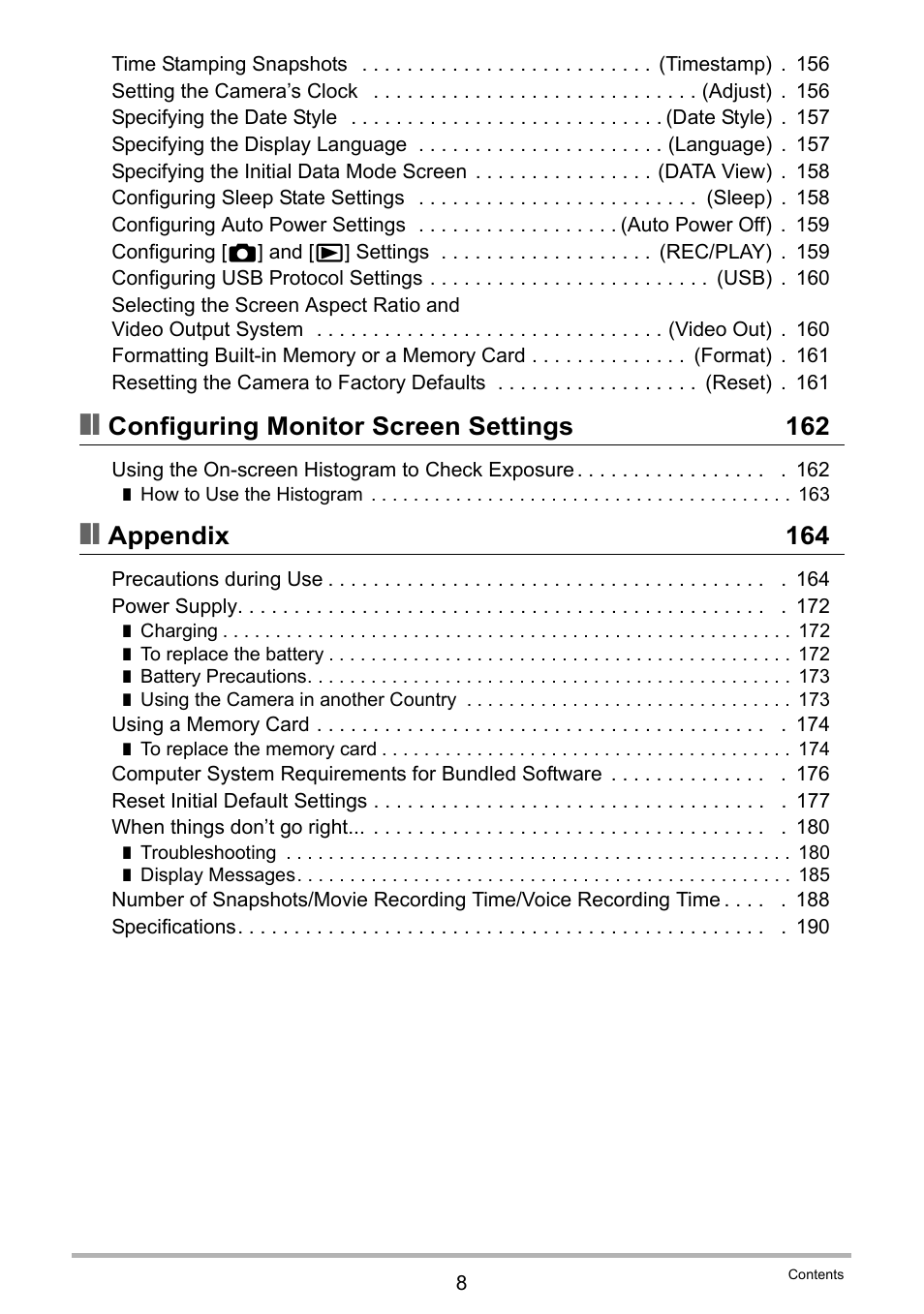 Configuring monitor screen settings 162, Appendix 164 | Casio EXILIM EX S 12 User Manual | Page 8 / 216