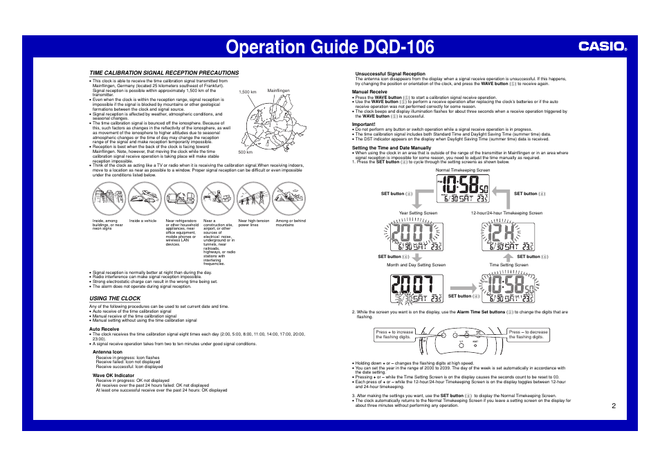 Time calibration signal reception precautions, Using the clock, Operation guide dqd-106 | Casio DQD-106 User Manual | Page 2 / 3