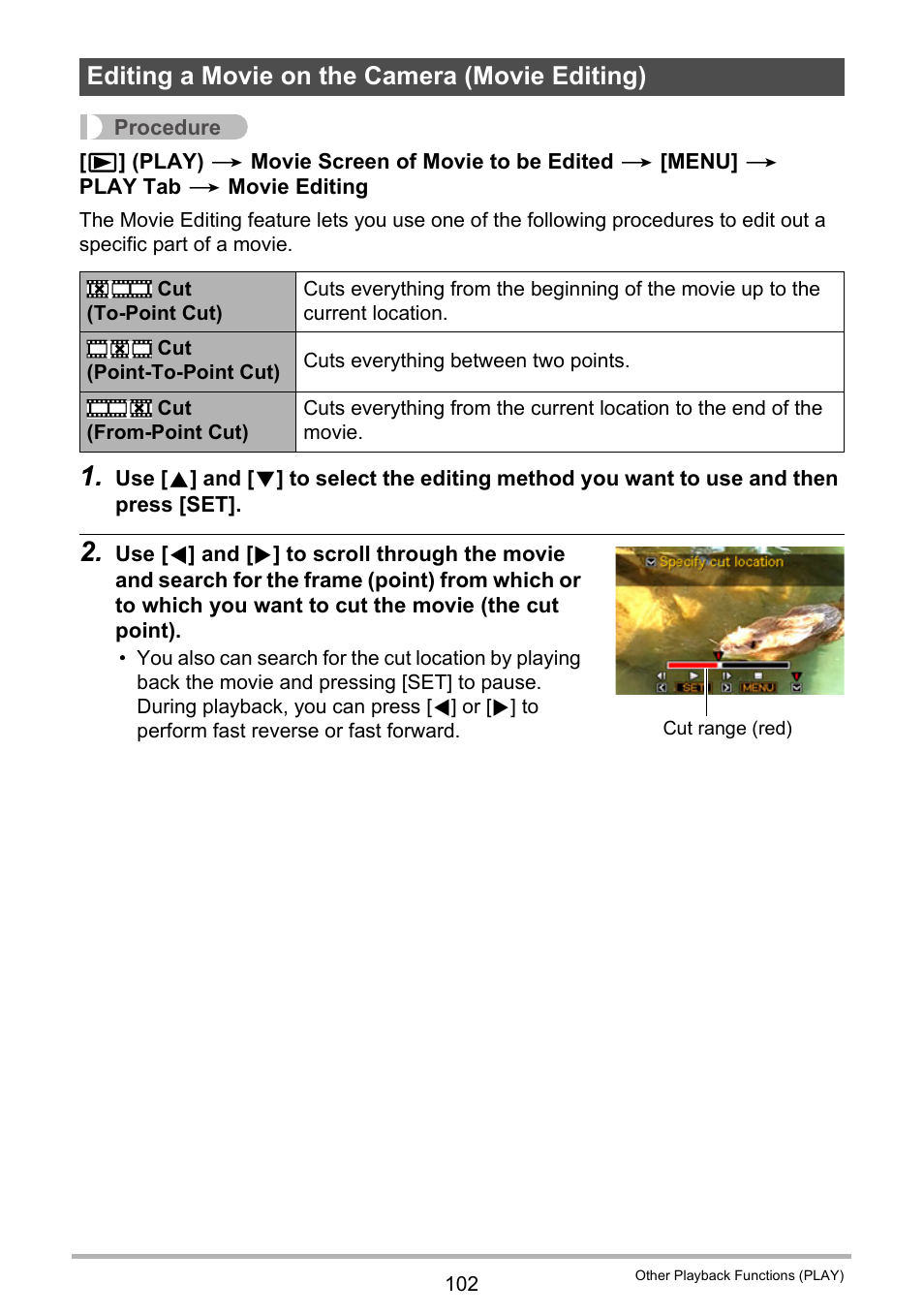 Editing a movie on the camera (movie editing) | Casio EX-S12 User Manual | Page 102 / 216