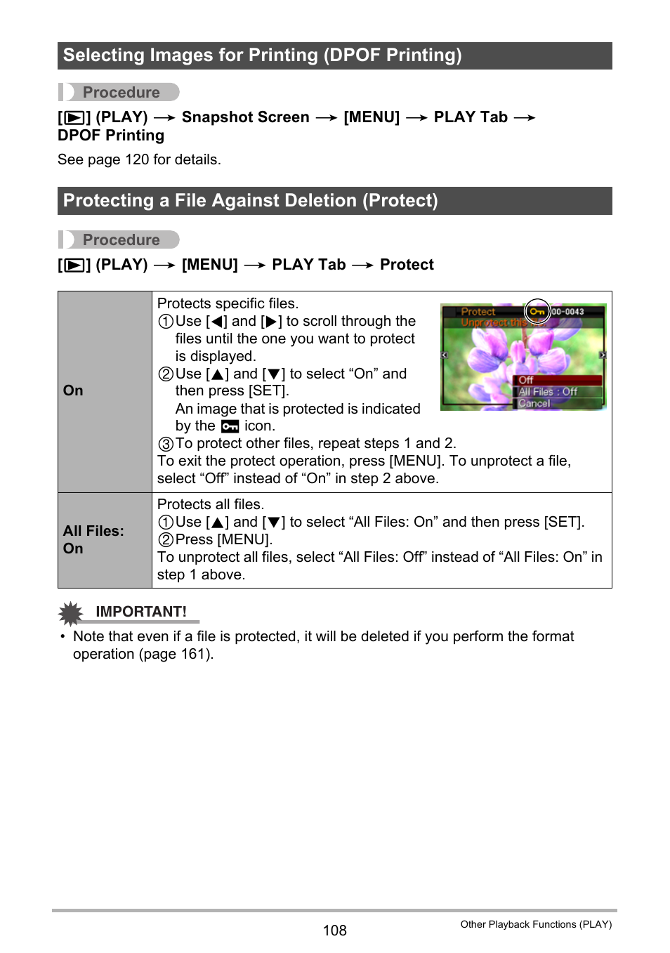 Selecting images for printing (dpof printing), Protecting a file against deletion (protect) | Casio EX-S12 User Manual | Page 108 / 216