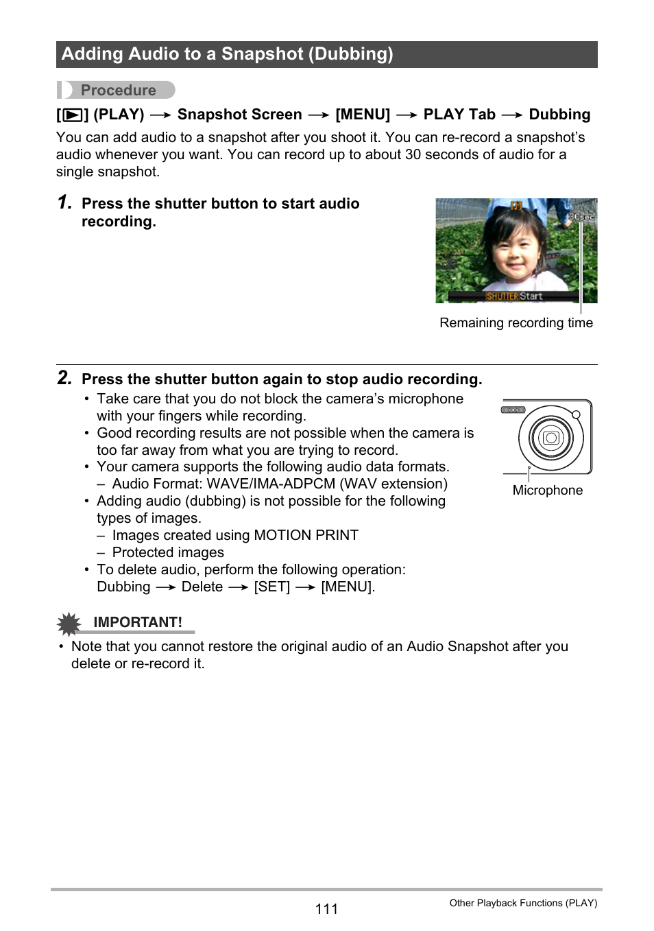 Adding audio to a snapshot (dubbing) | Casio EX-S12 User Manual | Page 111 / 216