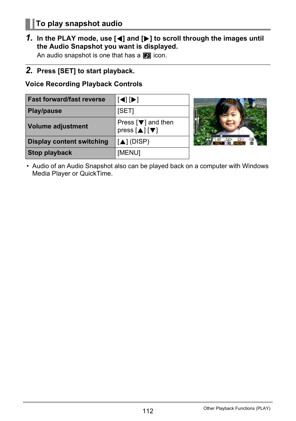 To play snapshot audio | Casio EX-S12 User Manual | Page 112 / 216