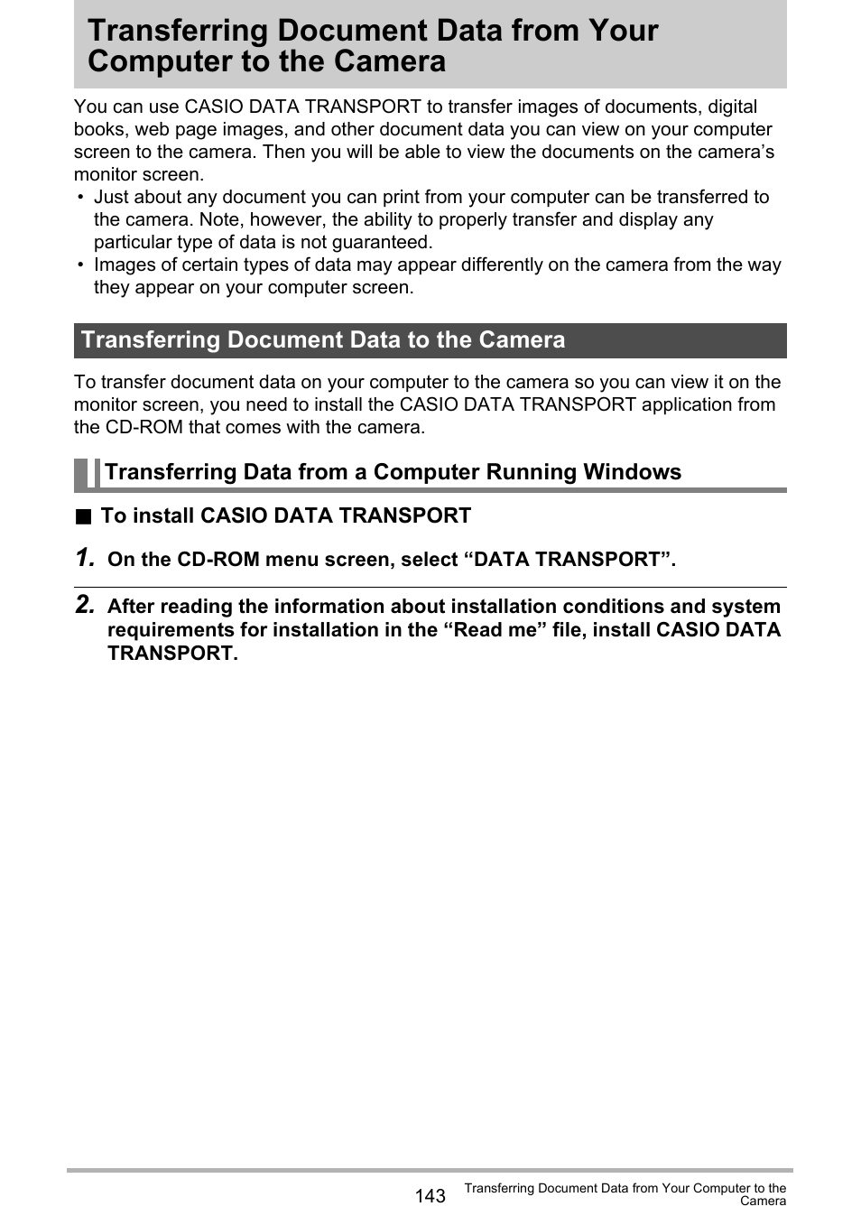 Transferring document data to the camera, Transferring data from a computer running windows, Transferring document data from | Your computer to the camera | Casio EX-S12 User Manual | Page 143 / 216