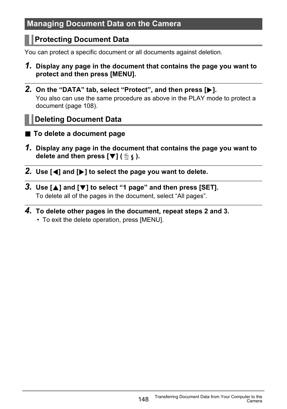 Managing document data on the camera, Protecting document data, Deleting document data | Casio EX-S12 User Manual | Page 148 / 216