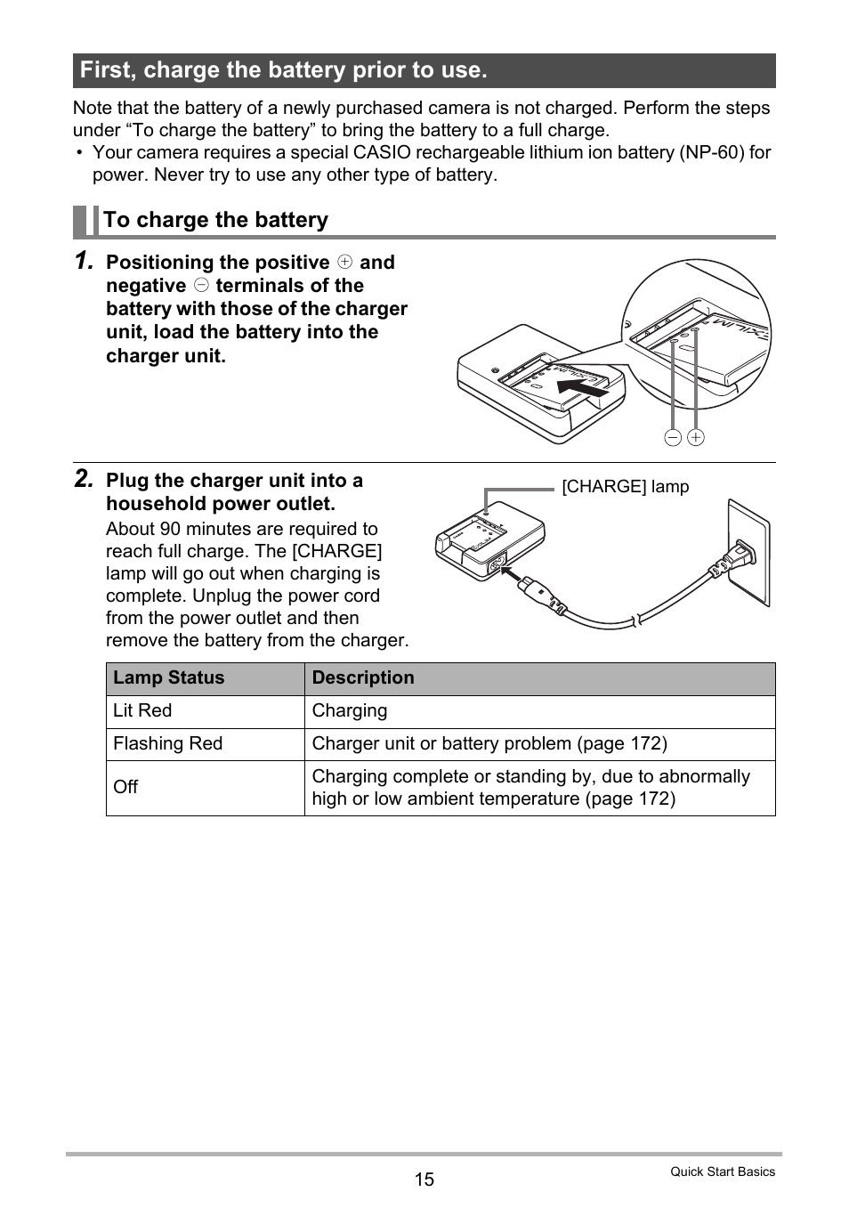 First, charge the battery prior to use, To charge the battery | Casio EX-S12 User Manual | Page 15 / 216
