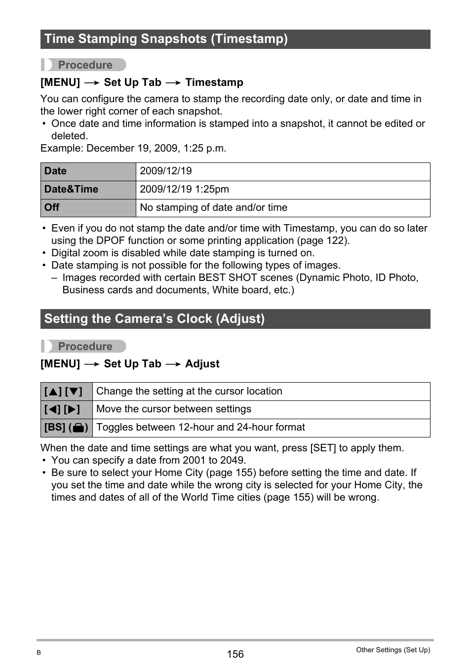 Time stamping snapshots (timestamp), Setting the camera’s clock (adjust) | Casio EX-S12 User Manual | Page 156 / 216
