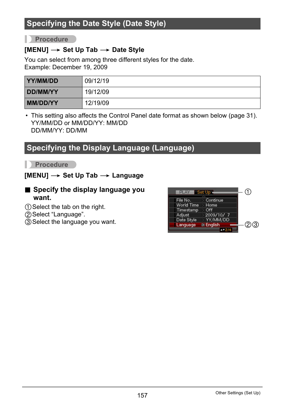 Specifying the date style (date style), Specifying the display language (language) | Casio EX-S12 User Manual | Page 157 / 216
