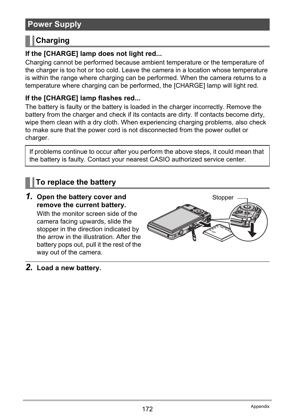 Power supply, Charging, To replace the battery | Casio EX-S12 User Manual | Page 172 / 216