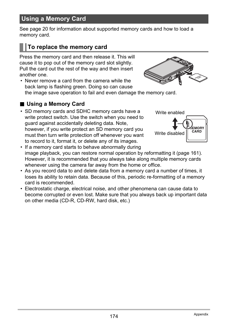 Using a memory card, To replace the memory card | Casio EX-S12 User Manual | Page 174 / 216