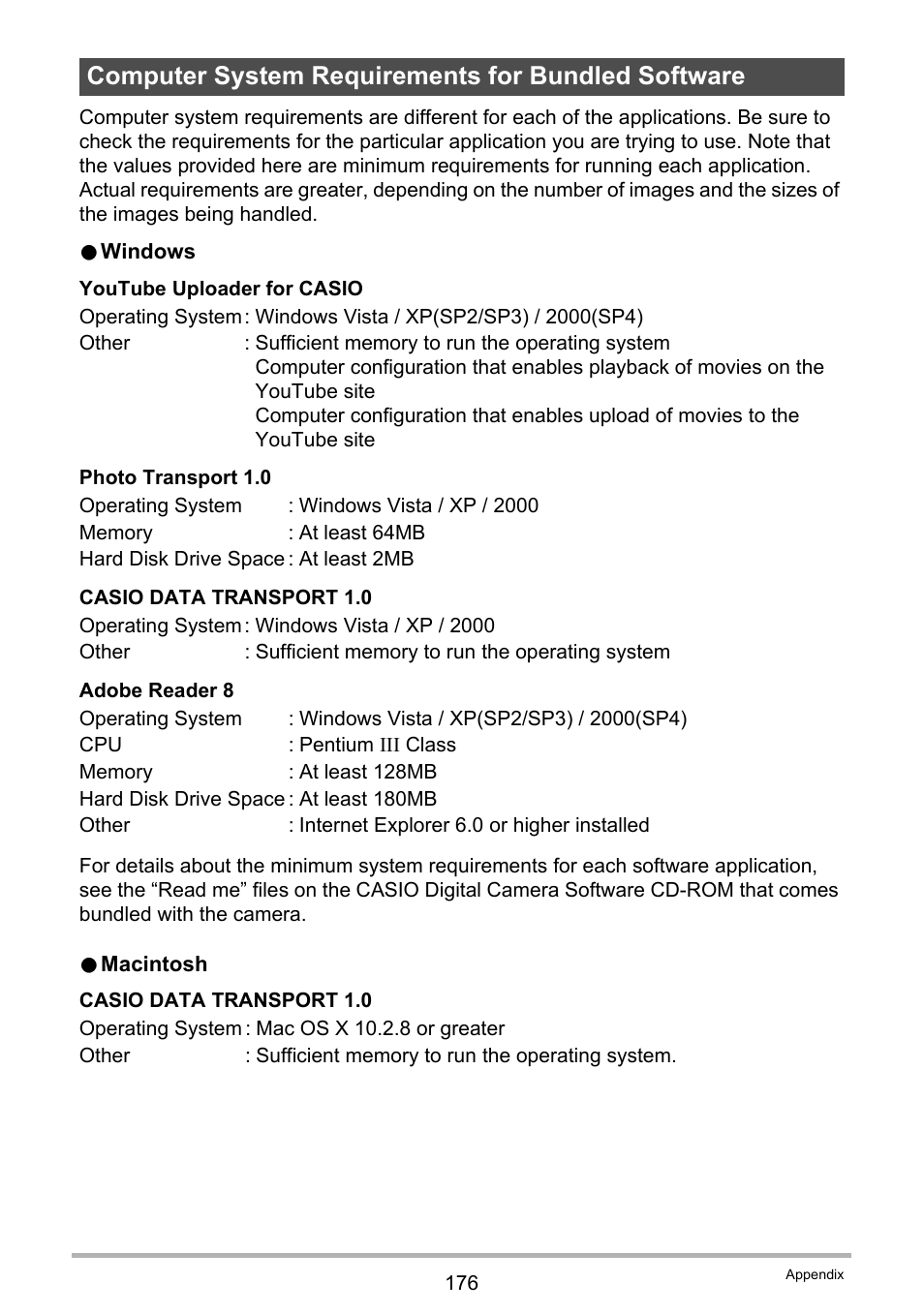 Computer system requirements for bundled software | Casio EX-S12 User Manual | Page 176 / 216