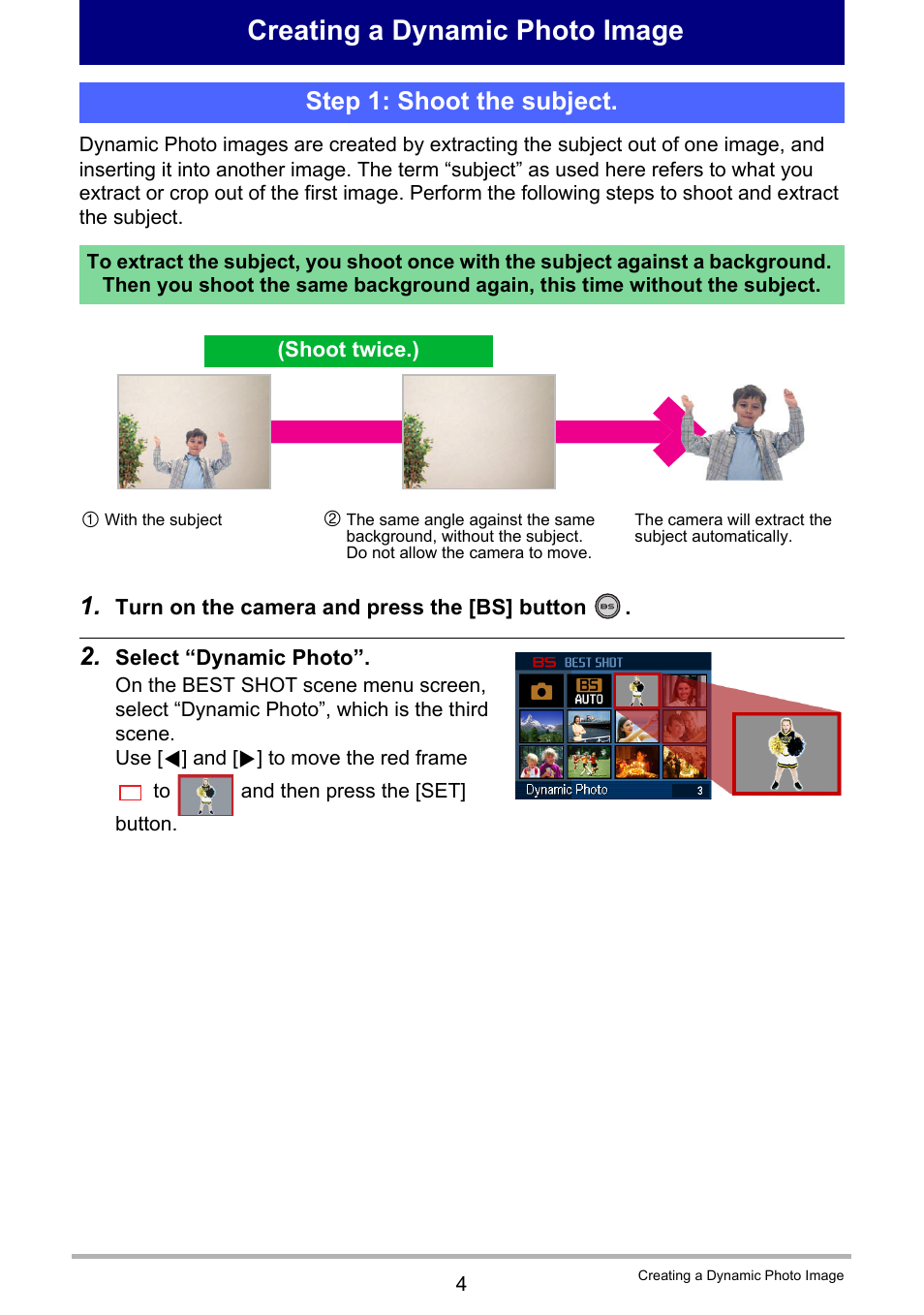 Creating a dynamic photo image, Step 1: shoot the subject | Casio EX-S12 User Manual | Page 198 / 216
