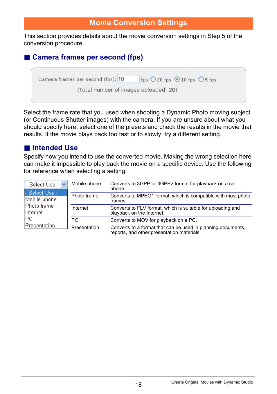 Movie conversion settings, Camera frames per second (fps), Intended use | Casio EX-S12 User Manual | Page 212 / 216
