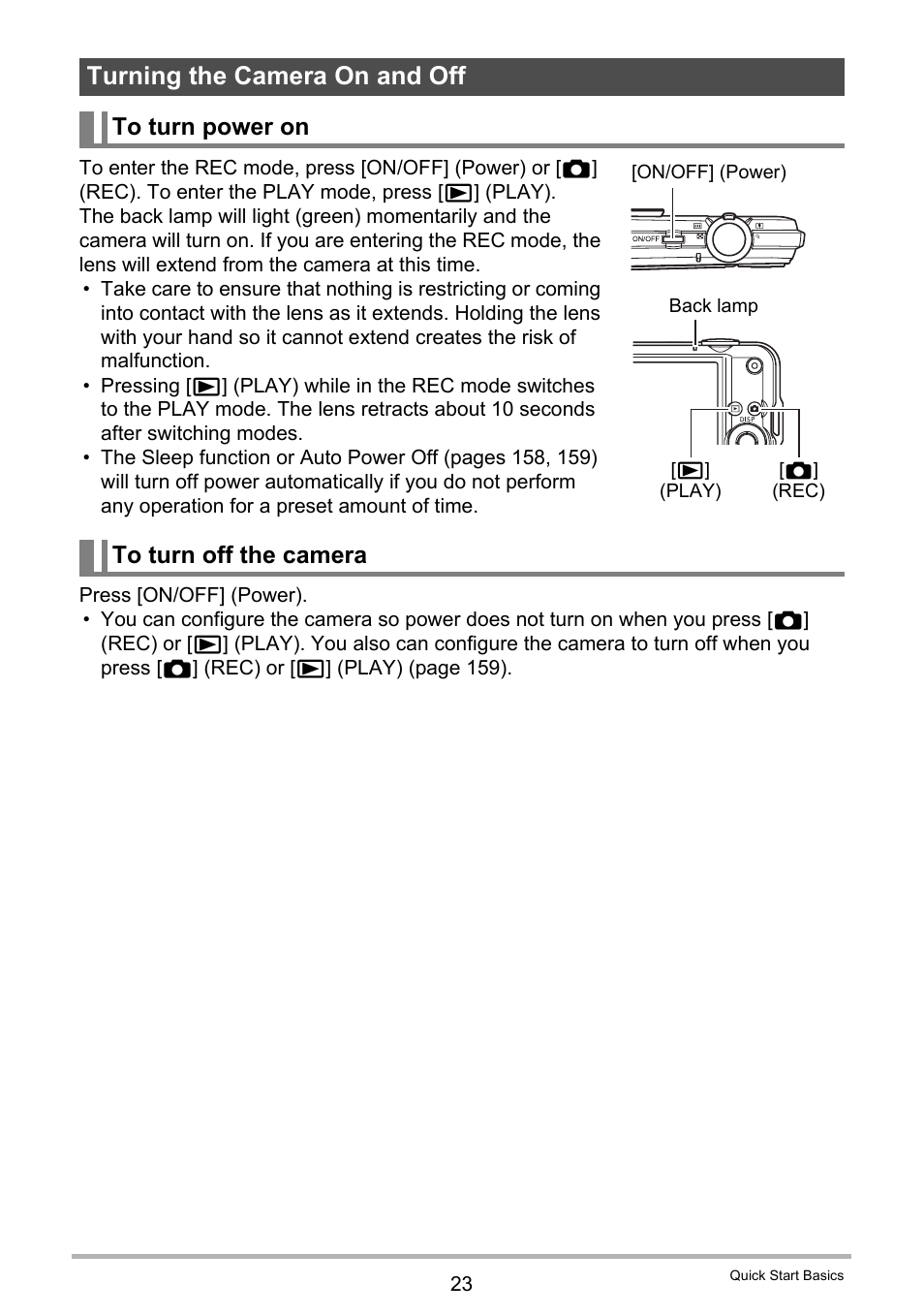 Turning the camera on and off, To turn power on, To turn off the camera | Casio EX-S12 User Manual | Page 23 / 216