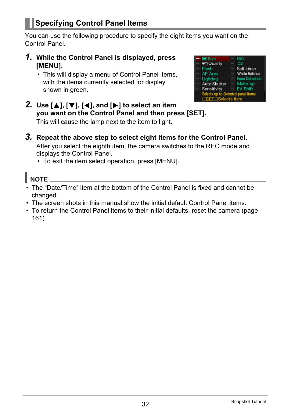 Specifying control panel items | Casio EX-S12 User Manual | Page 32 / 216