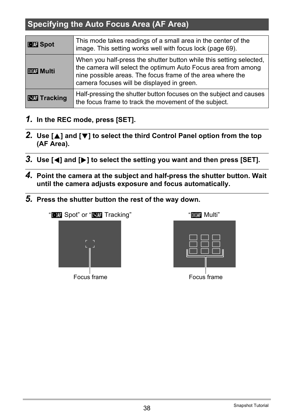 Specifying the auto focus area (af area) | Casio EX-S12 User Manual | Page 38 / 216