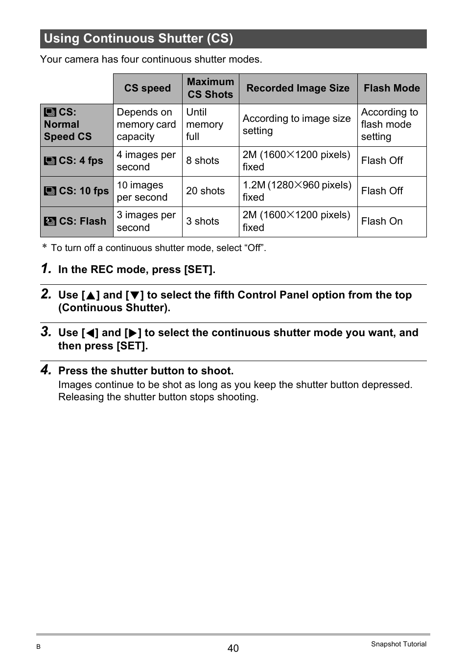 Using continuous shutter (cs) | Casio EX-S12 User Manual | Page 40 / 216