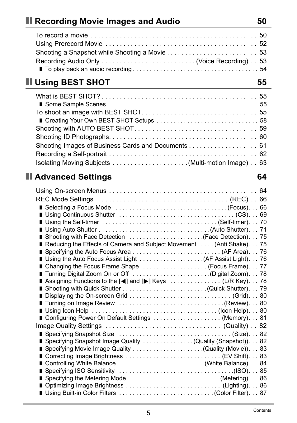 Recording movie images and audio 50, Using best shot 55, Advanced settings 64 | Casio EX-S12 User Manual | Page 5 / 216