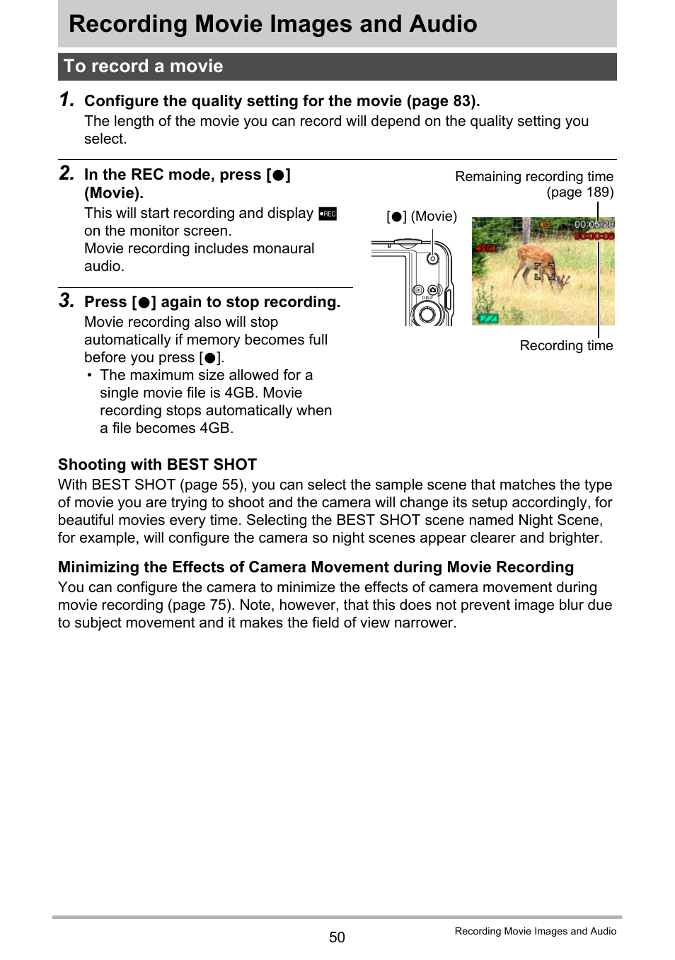 Recording movie images and audio, To record a movie | Casio EX-S12 User Manual | Page 50 / 216