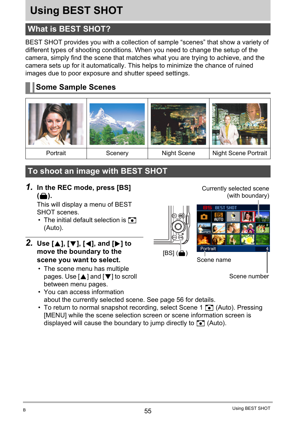 Using best shot, What is best shot, Some sample scenes | To shoot an image with best shot, 55), you can sel | Casio EX-S12 User Manual | Page 55 / 216