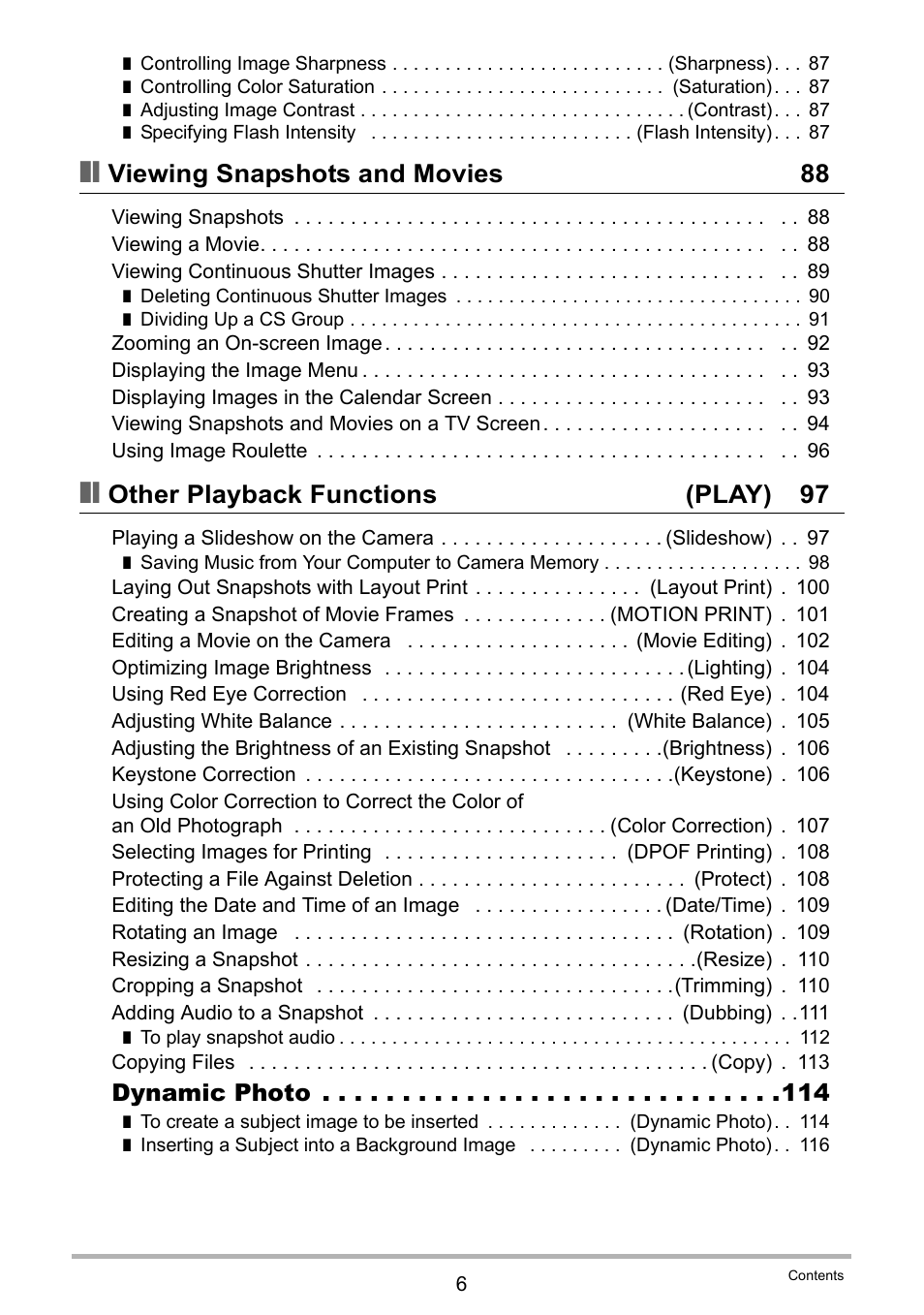 Viewing snapshots and movies 88, Other playback functions (play) 97, Dynamic photo | Casio EX-S12 User Manual | Page 6 / 216