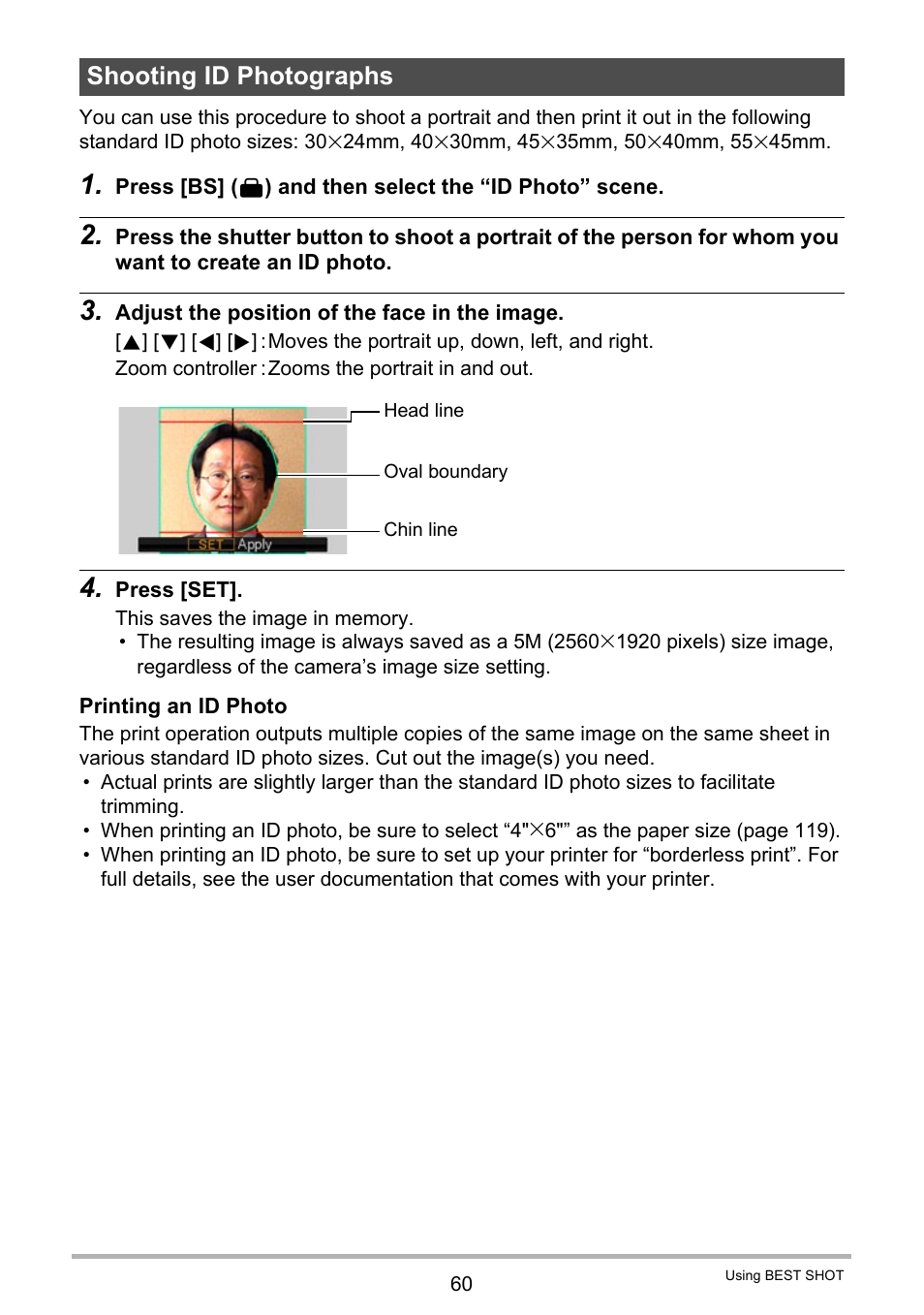 Shooting id photographs | Casio EX-S12 User Manual | Page 60 / 216