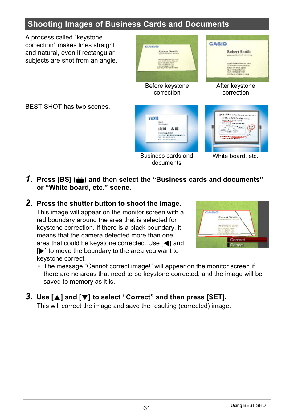 Shooting images of business cards and documents | Casio EX-S12 User Manual | Page 61 / 216