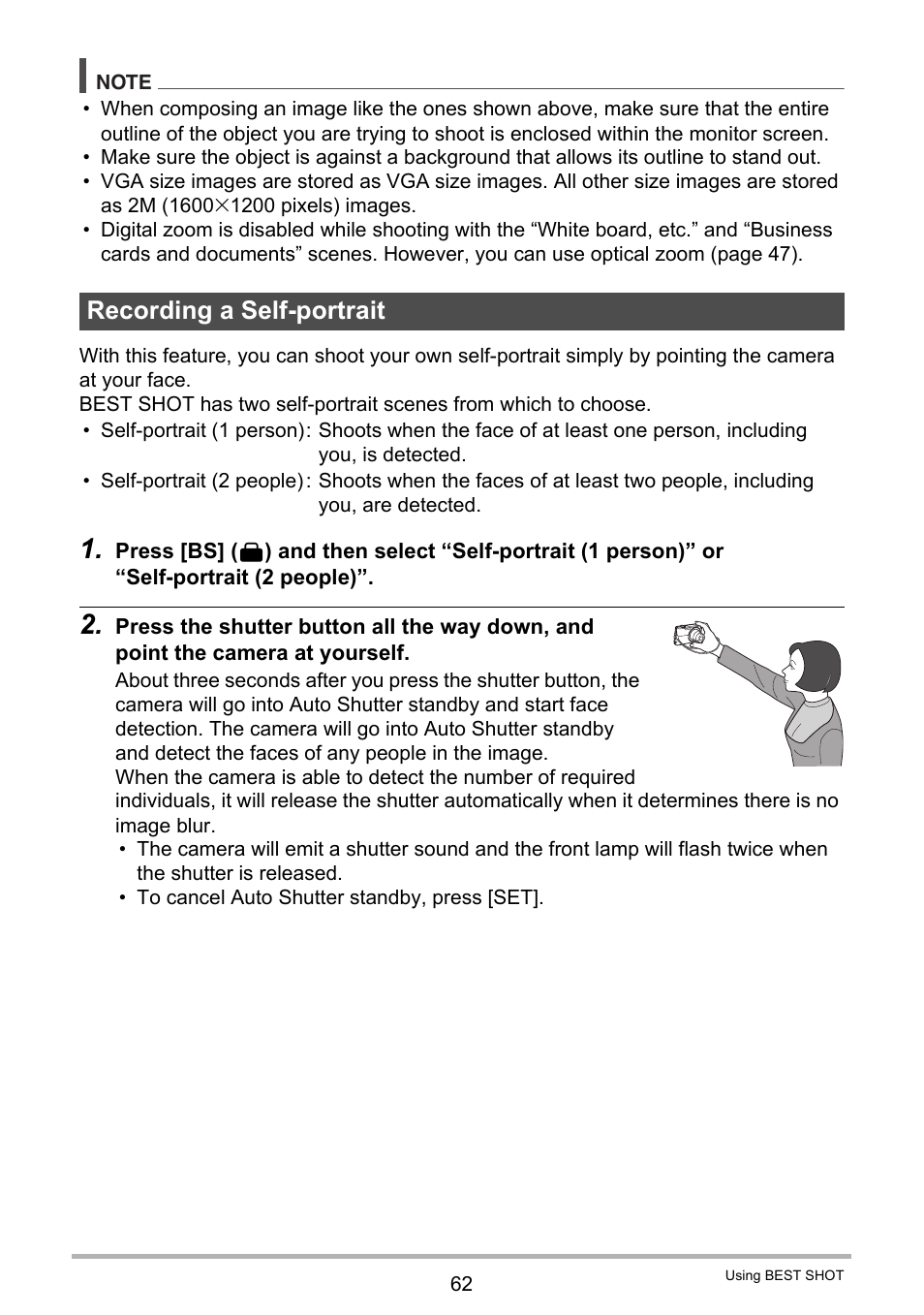 Recording a self-portrait | Casio EX-S12 User Manual | Page 62 / 216
