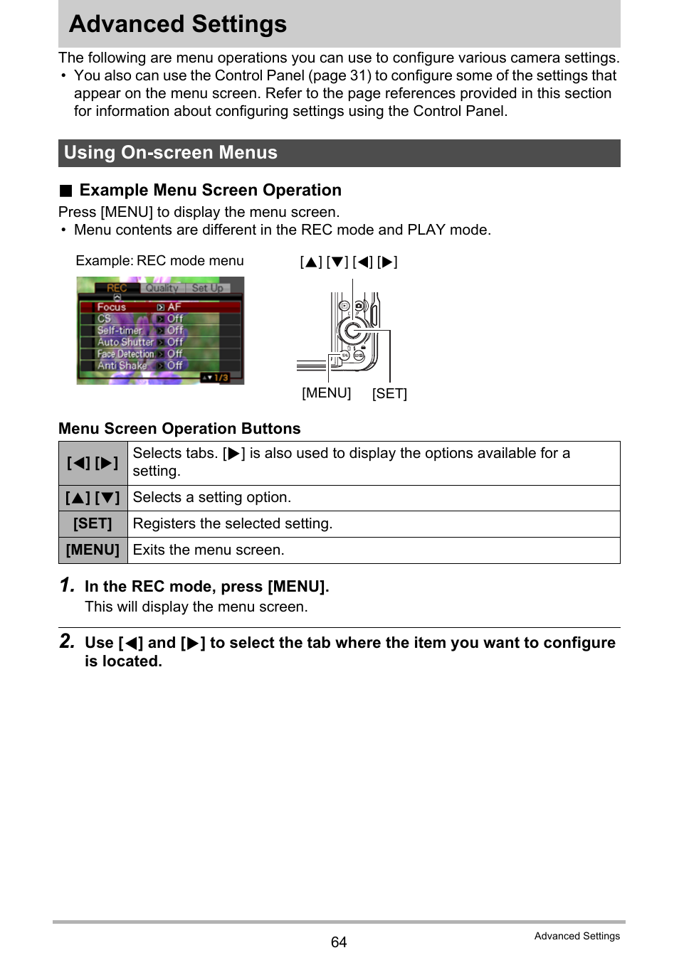 Advanced settings, Using on-screen menus | Casio EX-S12 User Manual | Page 64 / 216
