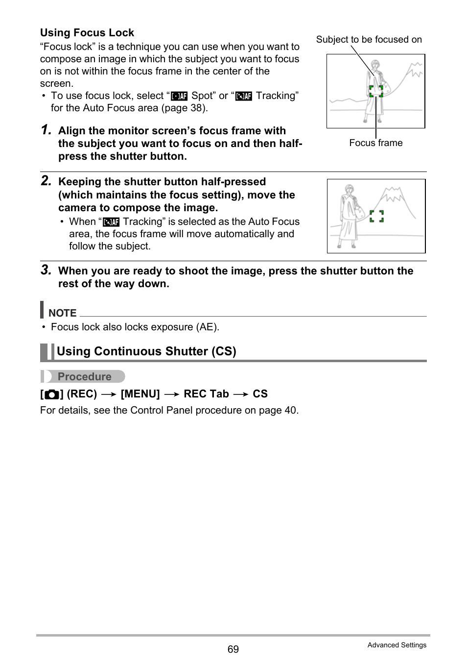 Using continuous shutter (cs) | Casio EX-S12 User Manual | Page 69 / 216