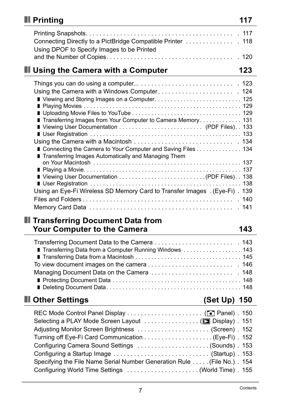 Printing 117, Using the camera with a computer 123, Other settings (set up) 150 | Casio EX-S12 User Manual | Page 7 / 216