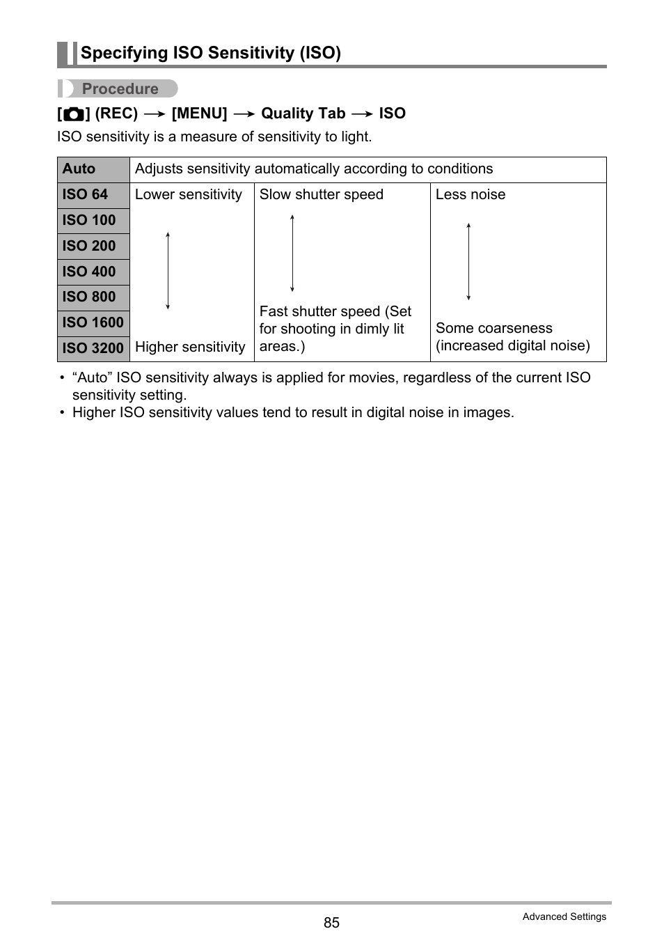 Specifying iso sensitivity (iso), Ge 85) | Casio EX-S12 User Manual | Page 85 / 216