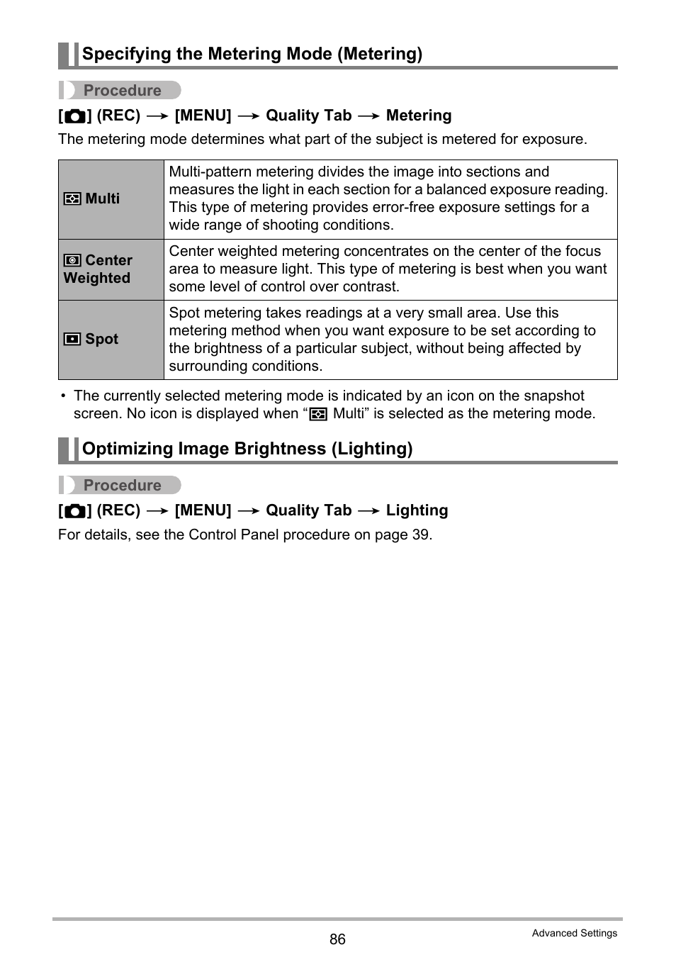 Specifying the metering mode (metering), Optimizing image brightness (lighting) | Casio EX-S12 User Manual | Page 86 / 216