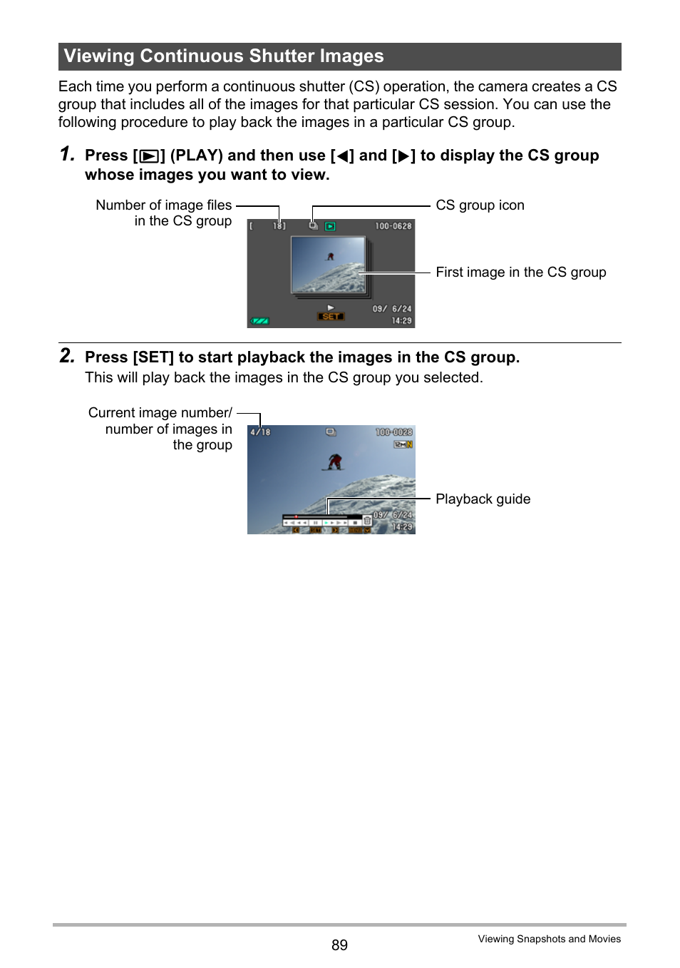 Viewing continuous shutter images | Casio EX-S12 User Manual | Page 89 / 216