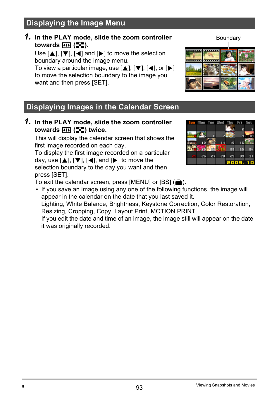Displaying the image menu, Displaying images in the calendar screen | Casio EX-S12 User Manual | Page 93 / 216