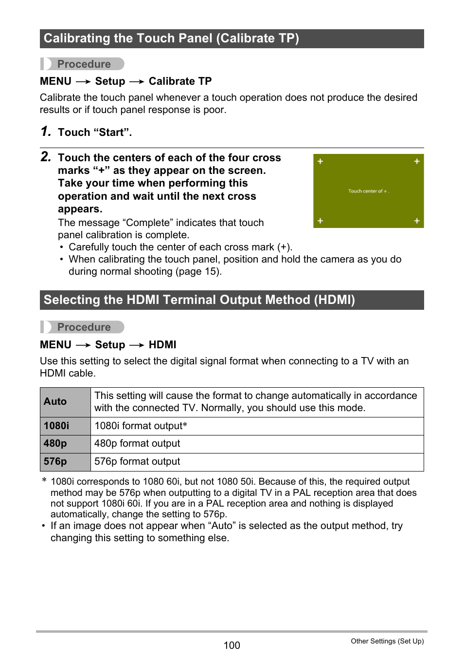 Calibrating the touch panel (calibrate tp), Selecting the hdmi terminal output method (hdmi) | Casio TRYX EX-TR100 User Manual | Page 100 / 127