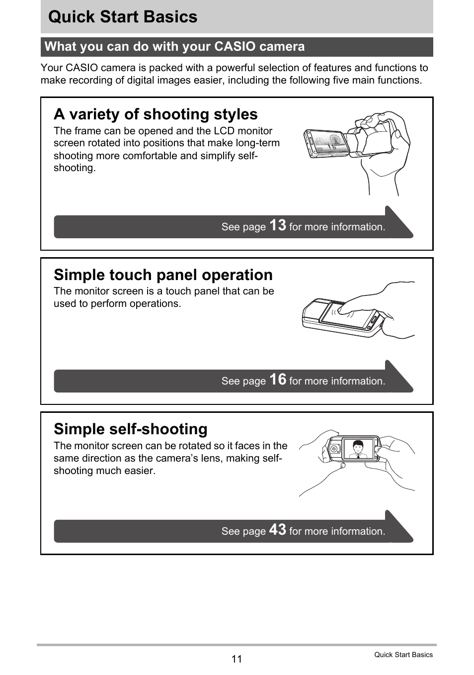 Quick start basics, What you can do with your casio camera, A variety of shooting styles | Simple touch panel operation, Simple self-shooting | Casio TRYX EX-TR100 User Manual | Page 11 / 127