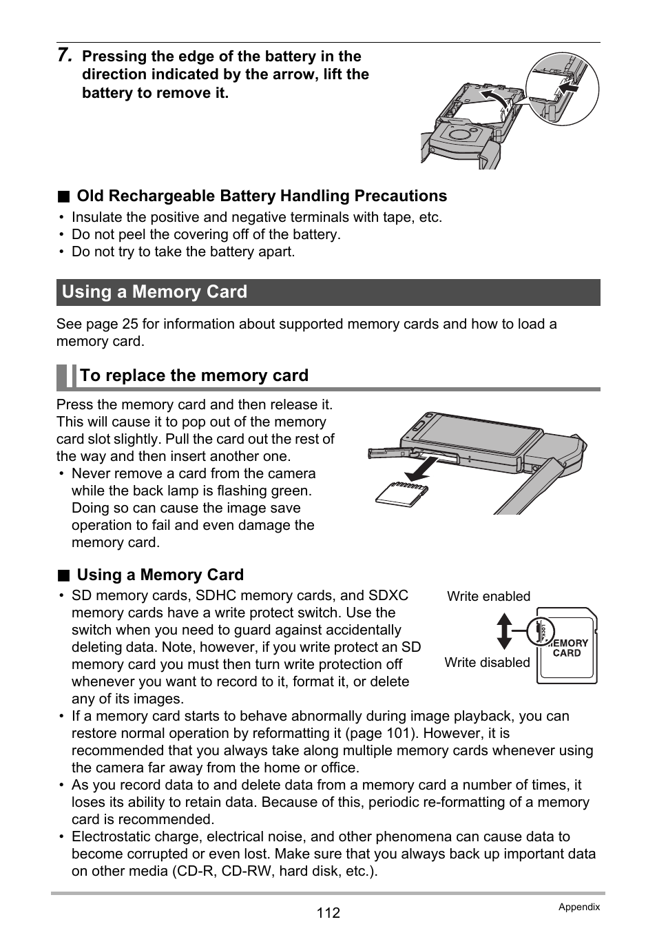 Using a memory card, To replace the memory card | Casio TRYX EX-TR100 User Manual | Page 112 / 127