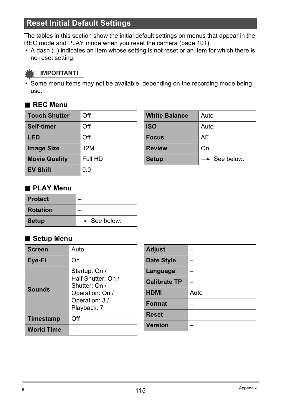 Reset initial default settings | Casio TRYX EX-TR100 User Manual | Page 115 / 127