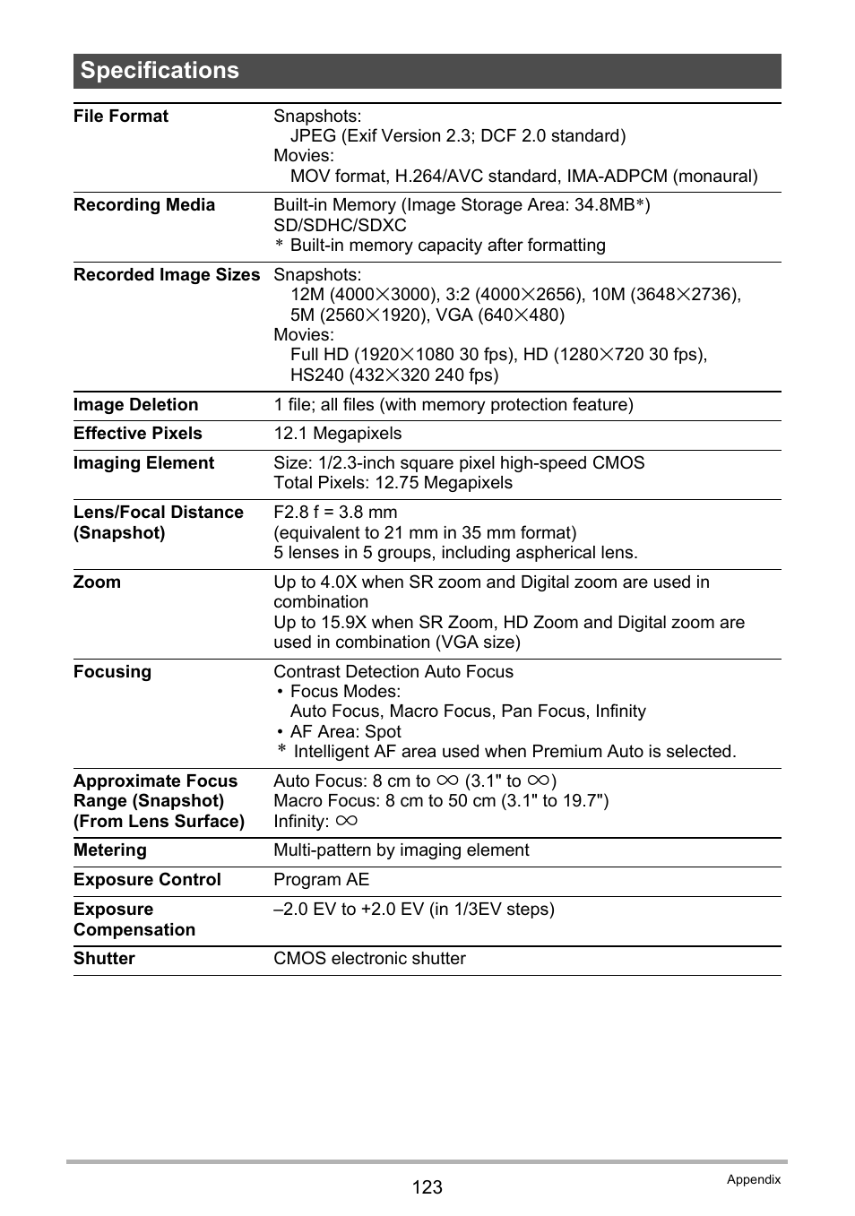 Specifications | Casio TRYX EX-TR100 User Manual | Page 123 / 127