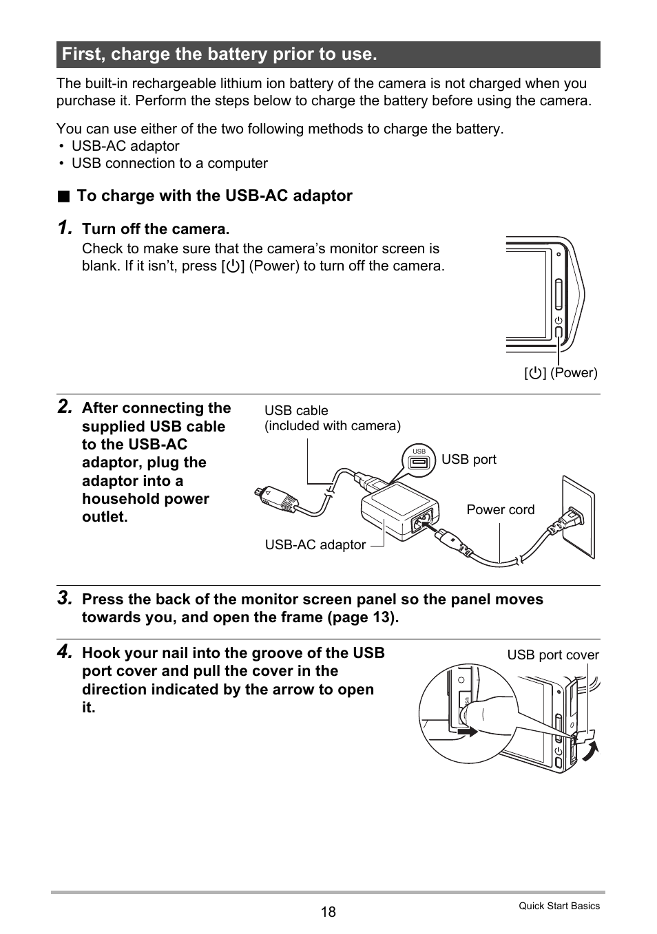 First, charge the battery prior to use | Casio TRYX EX-TR100 User Manual | Page 18 / 127