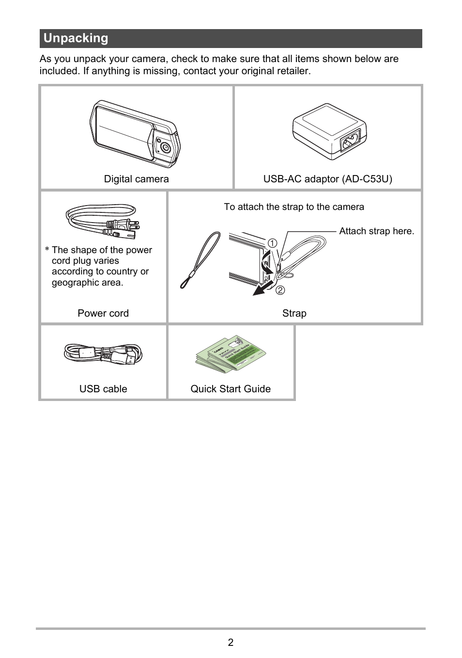 Unpacking | Casio TRYX EX-TR100 User Manual | Page 2 / 127