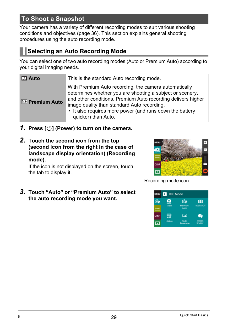 To shoot a snapshot, Selecting an auto recording mode | Casio TRYX EX-TR100 User Manual | Page 29 / 127