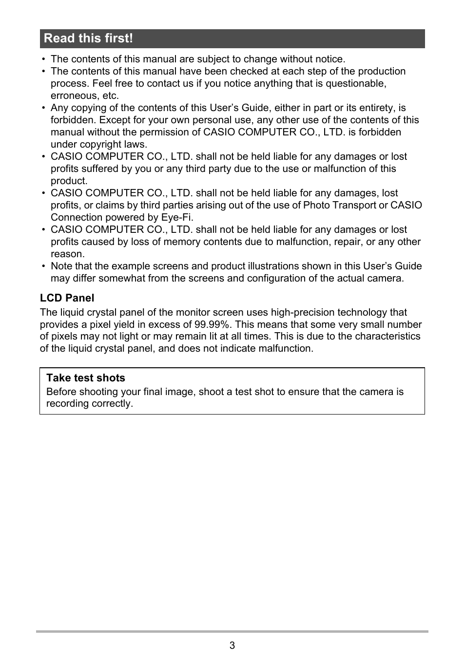 Read this first | Casio TRYX EX-TR100 User Manual | Page 3 / 127