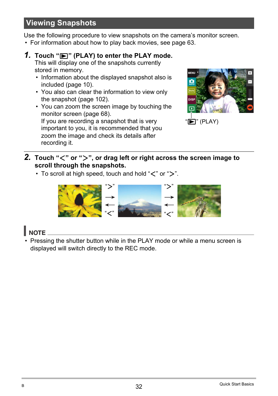 Viewing snapshots | Casio TRYX EX-TR100 User Manual | Page 32 / 127