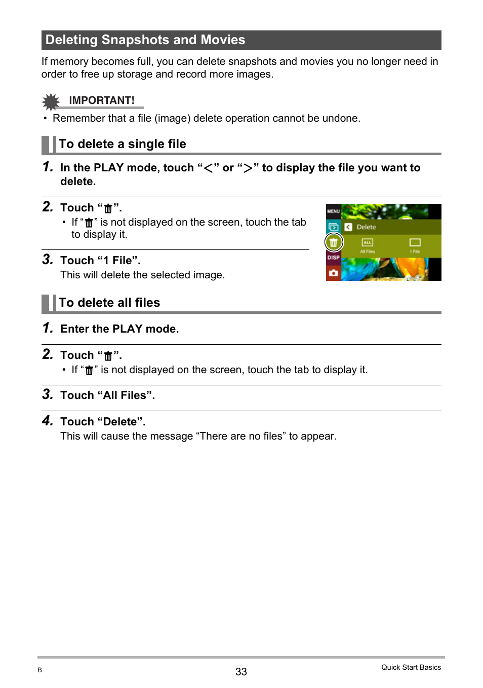 Deleting snapshots and movies, To delete a single file, To delete all files | Casio TRYX EX-TR100 User Manual | Page 33 / 127