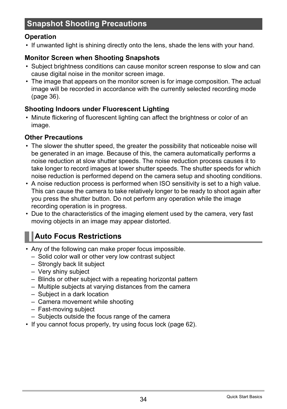 Snapshot shooting precautions, Auto focus restrictions | Casio TRYX EX-TR100 User Manual | Page 34 / 127