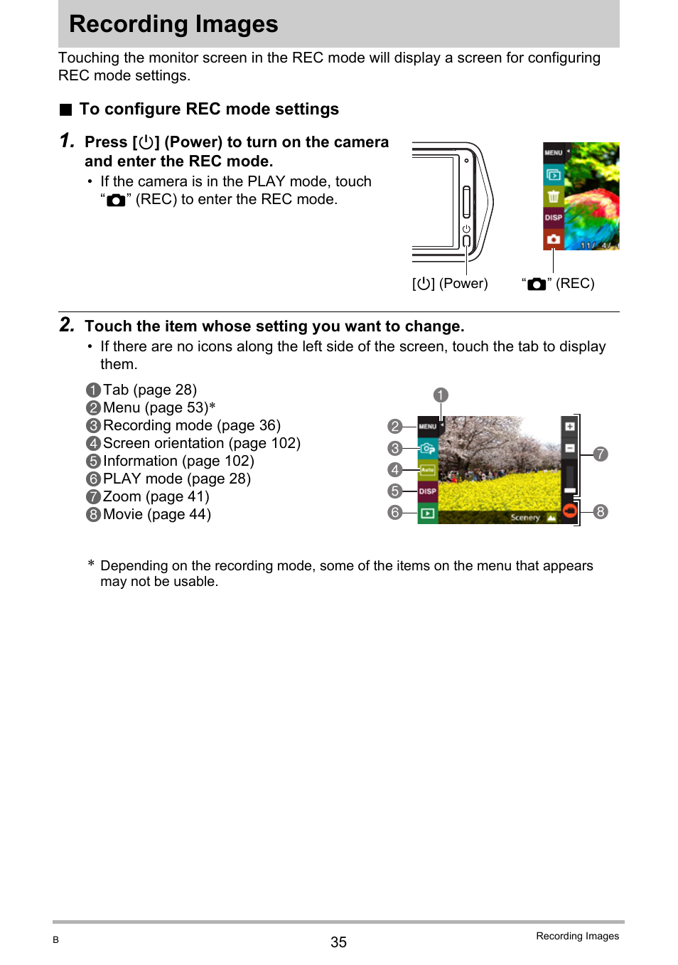 Recording images | Casio TRYX EX-TR100 User Manual | Page 35 / 127